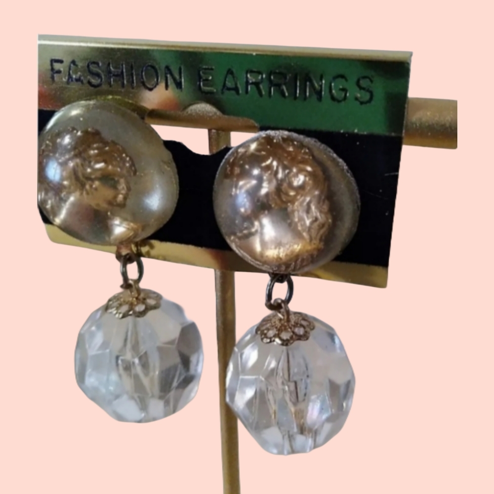 VINTAGE Cameo Earrings With Round Faceted Crystal Bead NEW OLD STOCK